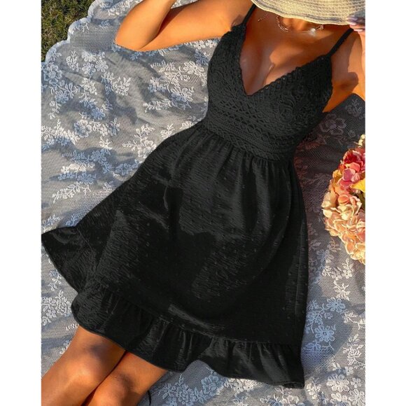 Black Eyelet Embroidery Ruffle Hem Cami Dress - Picture 2 of 8